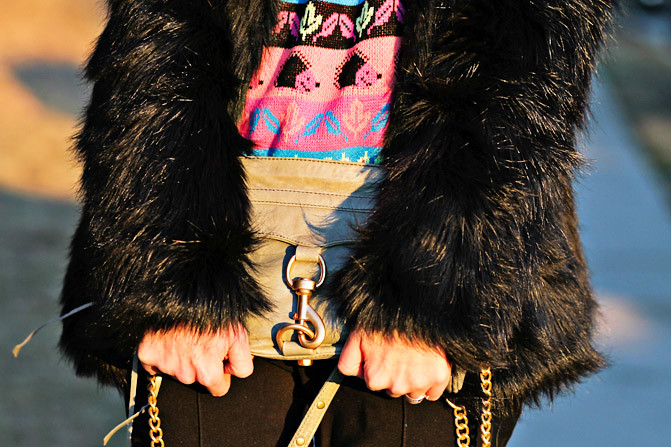 Faux Fur Coat, Neon hedgehog sweater, Asos pumpkin heels, Rebecca Minkoff bag, Ray-Ban Wayfarer, Fashion outfit
