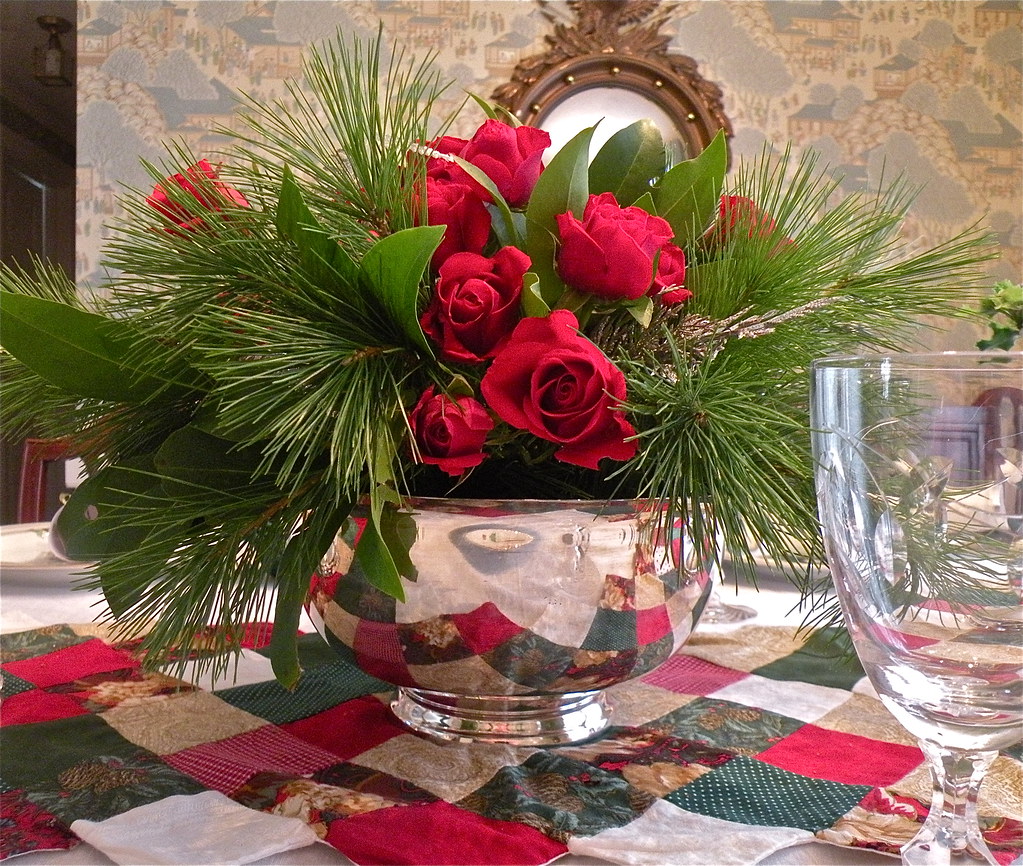 Recreating Floral Arrangements rose and silver bowl centerpiece