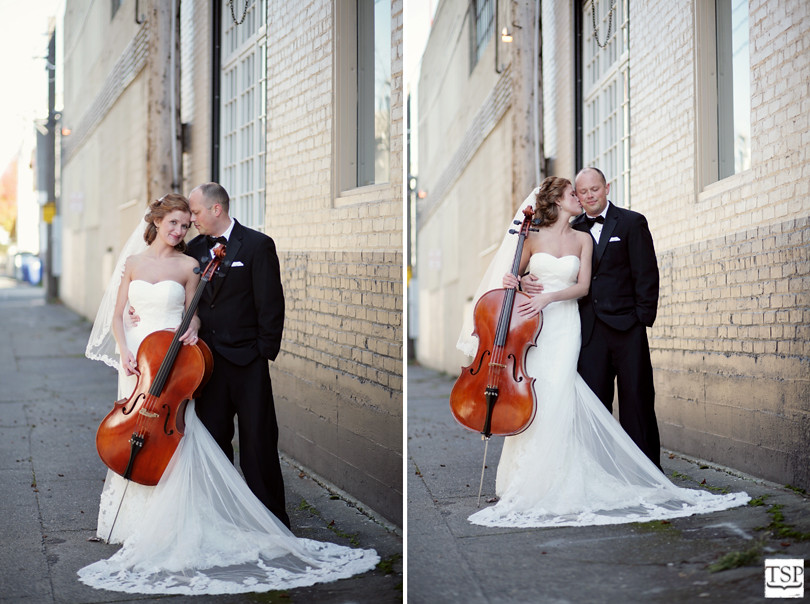 Bride and Groom in Alley with Cello 