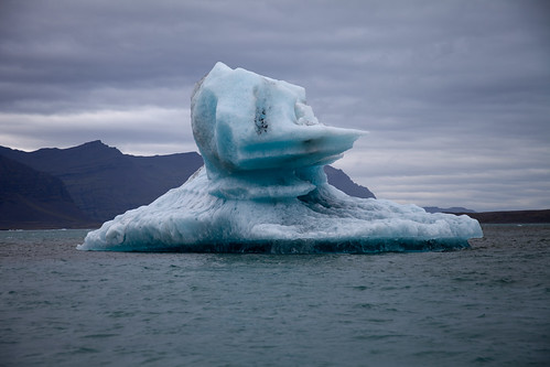 Iceberg shaped like Daffy Duck in Jökulsárlón glacial lagoon in Iceland 