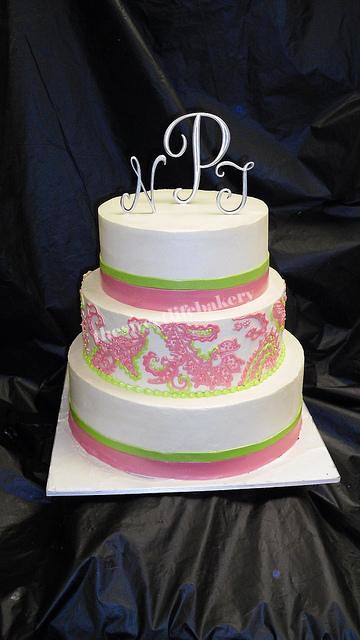Pink and Lime Green Paisley Wedding Cake Pink and lime green bands accent 