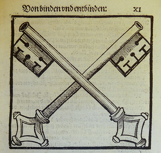 Woodcut illustration depicting the crossed keys representing the Church's power to loose and to bind, used by Heinrich Stayner of Augsburg