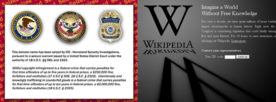 ICE/DHS seized site, blacked out Wikipedia