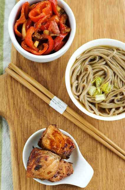 marinated salmon and soba noodles 