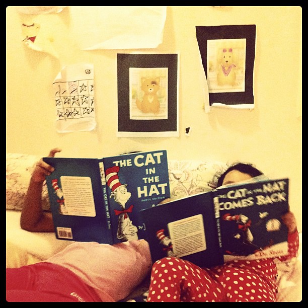 Bedtime. I found Kid1 reading to Kid3. But Kid3 had her own visuals, diff version. #books #reading #Seuss