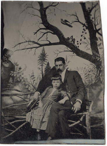 Tintype of Father and Daughter with a Naive Painted Backdrop by Photo_History