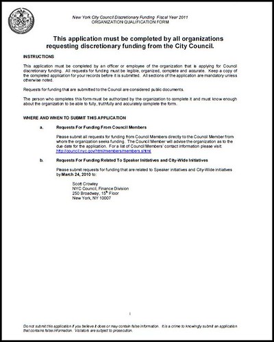 New York City Council application for discretionary funding grants