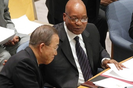 United Nations Secretary General Ban Ki-moon with Republic of South Africa President Jacob Zuma as the Southern Africa state takes on the presidency of the Security Council in New York. Zuma blasted the UN for its role in the war against Libya. by Pan-African News Wire File Photos