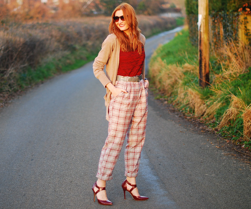Check trousers, red t-shirt & burgundy heels