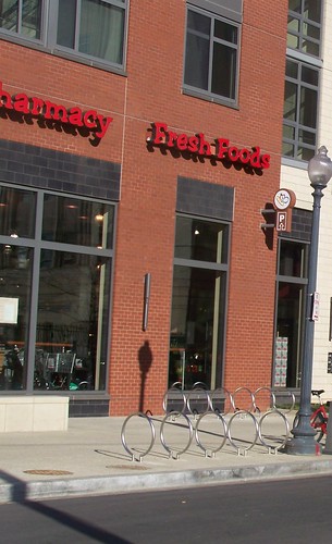 Stainless steel bicycle racks at the Harris Teeter, 1st and M Streets NE,