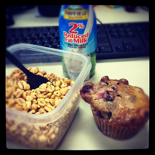 Breakfast: smacks cereal, cranberry muffin and milk