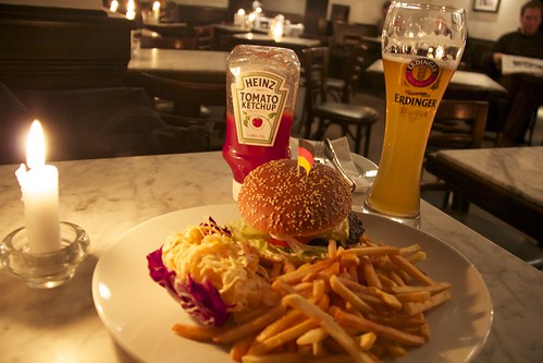 Schöneburger with fries and coleslaw, along with my beer.
