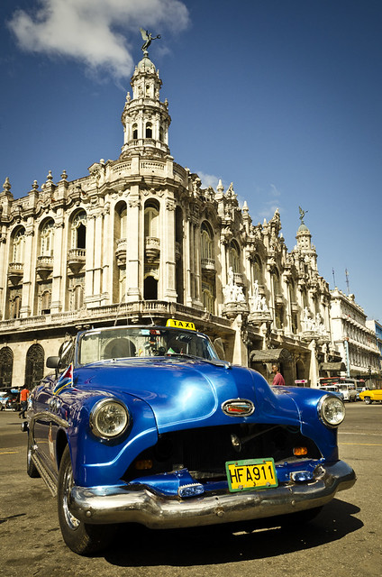 Old american car outside the Teatro Nacional de Cuba Havana