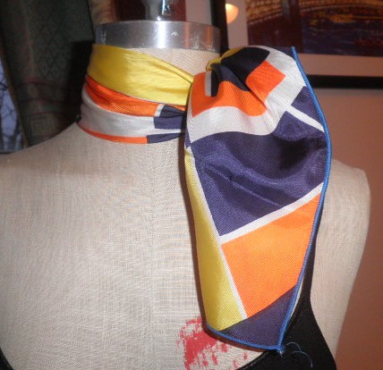 Vintage Scarf 1960s Abstract Design Yellow Orange Navy Blue and White by Brick City Vintage