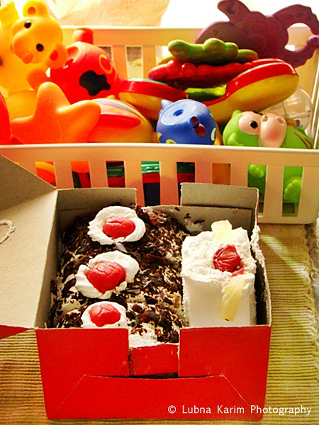 basket of toys....box of cakes........
