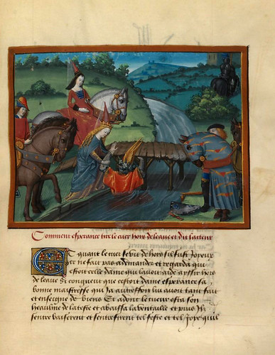 005-Dama Esperanza tira al caballero Corazon al agua-fol. 22-Le livre du Coeur d'amour épris, par le roi René d'Anjou-1460-BNF