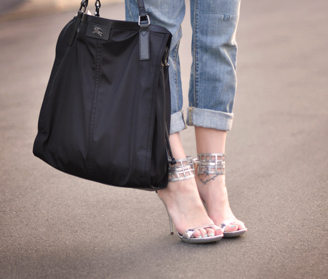 silver diy mesh sandals  - burberry bag 