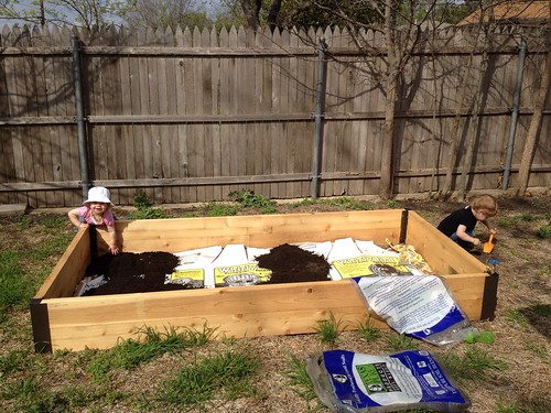 Putting dirt in our garden!