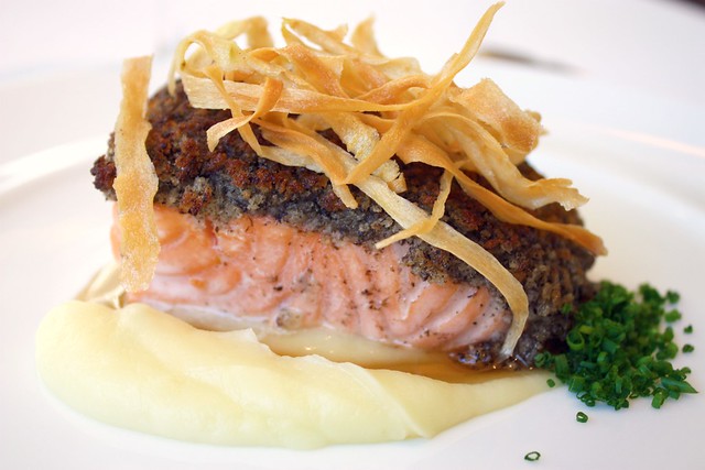Scottish Salmon with Black Truffle Crumbs, Smooth and Crispy Parsnips served with Lemon Butter at Jean Georges New York