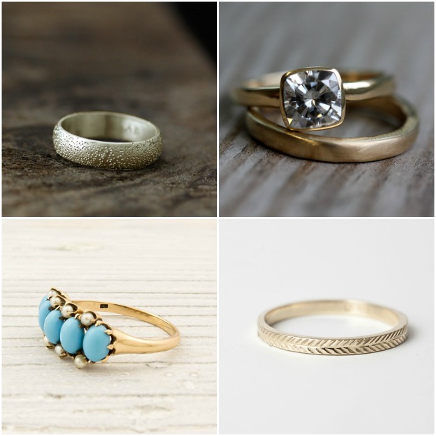 Clockwise from top left Stardust Ring by Andrea Bonelli Gold Wedding Band 