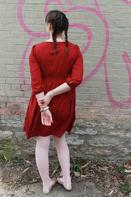 Valentine-y outfit: red baby doll dress from H&M, pink tights, satin ballet flats, vintage heart-shaped sunnies, rose ring made by me, pearls from my aunt Martha's shop