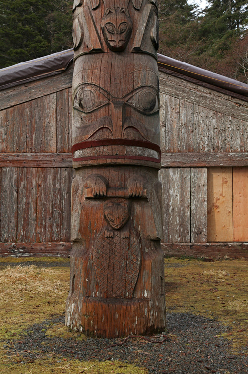 between storms, beaver on totem at Chief Son-i-Hat Whale House, Kasaan, Alaska