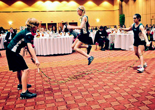 Students from Frisco Independent School District jump rope at a fitness demonstration during lunch at the GRITS summit.