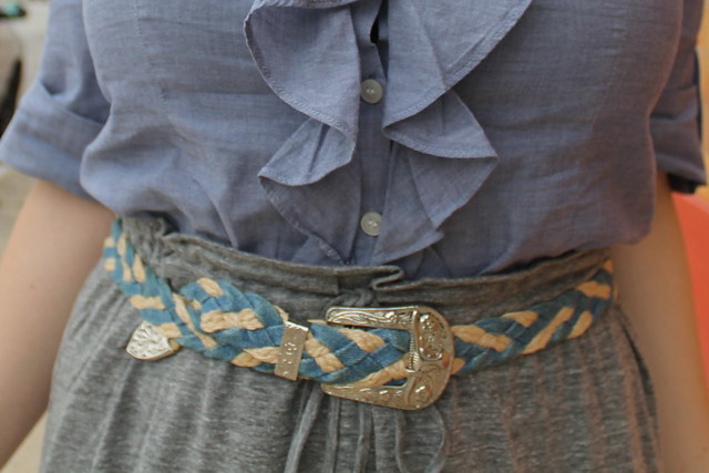 High/Low outfit: Stylemint skirt, ruffled chambray shirt, thrifted braided denim belt with longhorn buckle, silver flats