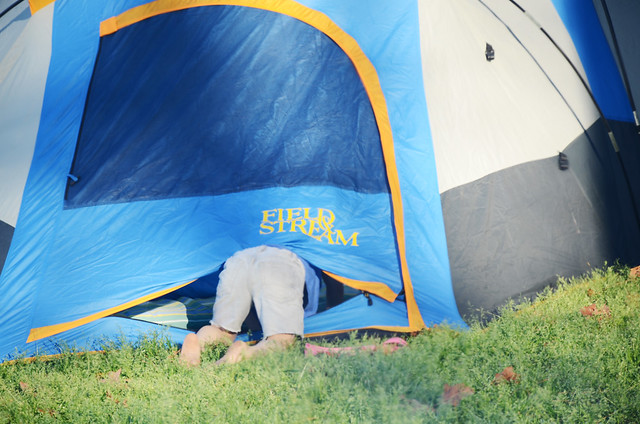 ben getting in the tent