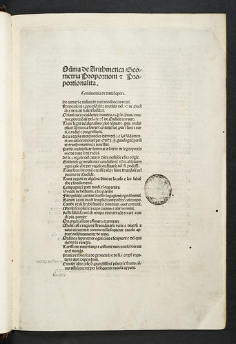 Paduan Library stamp in Lucas de Burgo S. Sepulchri: Somma di arithmetica, geometria, proporzioni e proporzionalità