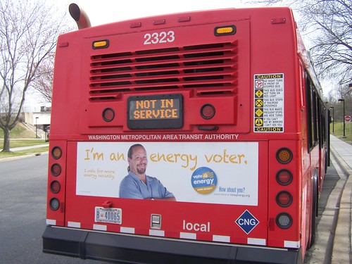 "I'm an energy voting" campaign ad sign on the back of a bus