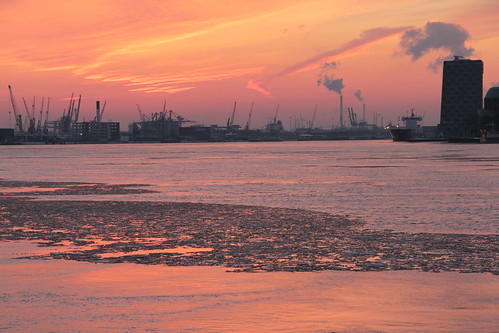 Sunset in the harbour of Rotterdam