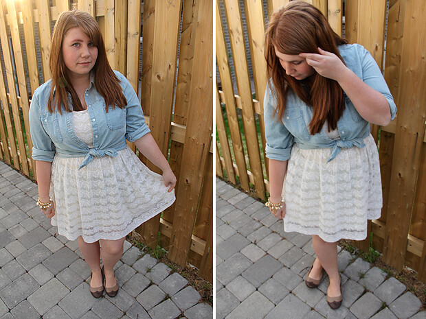 blog wanderlust whimsy megan outfit style fashion denim chambray ootd white lace dress target h&m