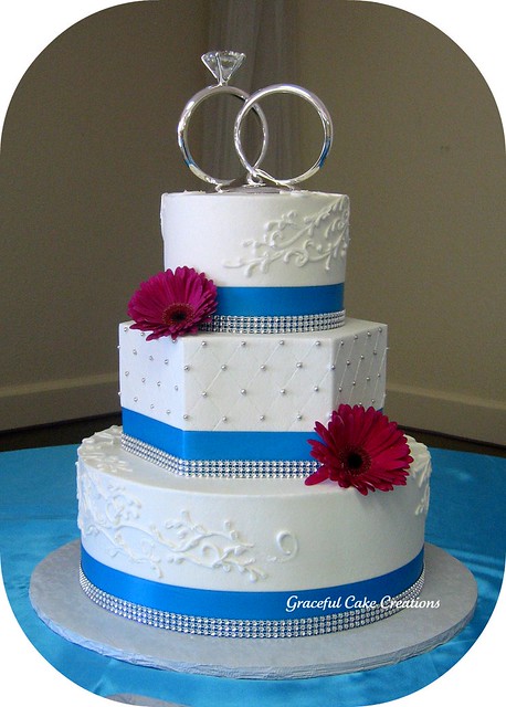 Elegant White Silver and Malibu Blue Wedding Cake