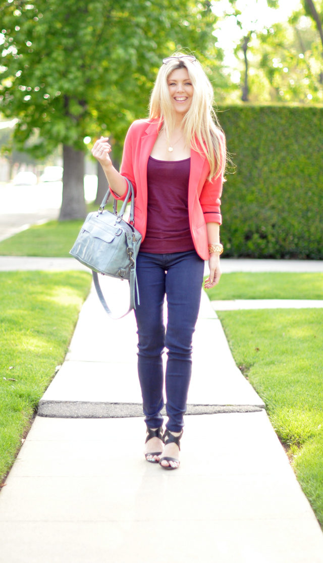 coral blazer and purple jeans