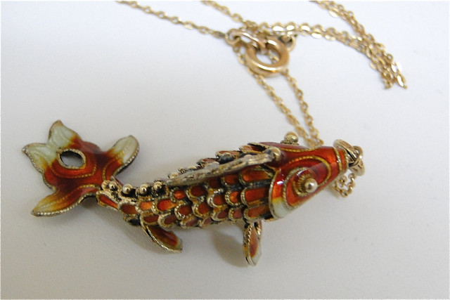 Vintage Chinese koi fish pendant necklace orange enamel sterling silver