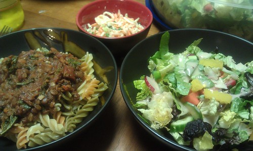 Bolognese with pasta. Salad & cole slaw