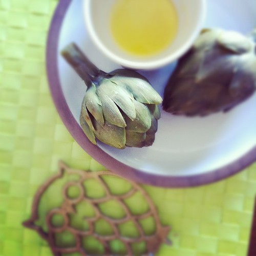 Saving these 2 for dinner. Artichoke w/truffle salted butter sauce.