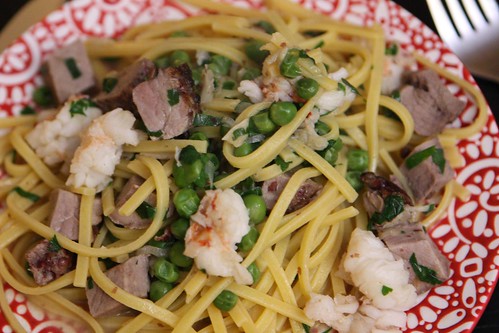 Linguine with Lobster Tail, Pink Peppercorn Crusted Pork Tenderloin, and Peas
