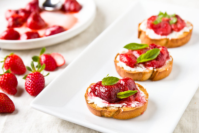 Roasted Strawberry Crostini with basil and Goat Cheese