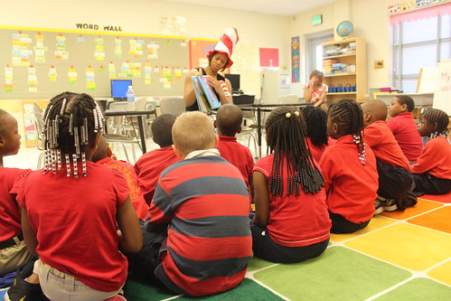 Wyvette Robinson, district clerk of the Hinds County Soil and Water Conservation District, reads The Lorax to students in Jackson, Miss.