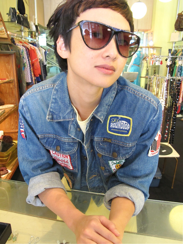Cool shades, cool jacket! Vintage denim jacket with loads of patches sewn onto it, worn with vintage New Old Stock shades