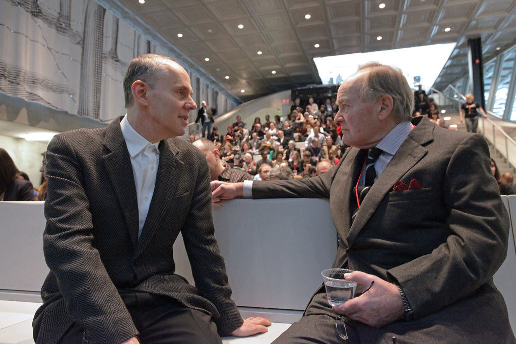 Kent Kleinman, AAP dean, with Lord Peter Palumbo in the Abby and Howard Milstein Auditorium.