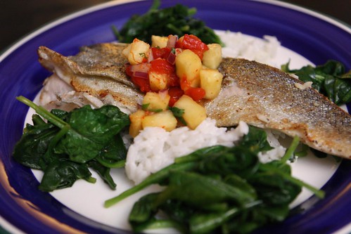 Pan Roasted Panamanian Brook Trout with Pineapple Salsa, Coconut Rice, and Sauteed Spinach