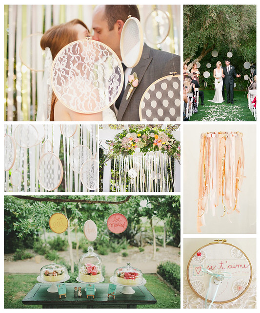 ideas for using embellished embroidery hoops as wedding and event decor