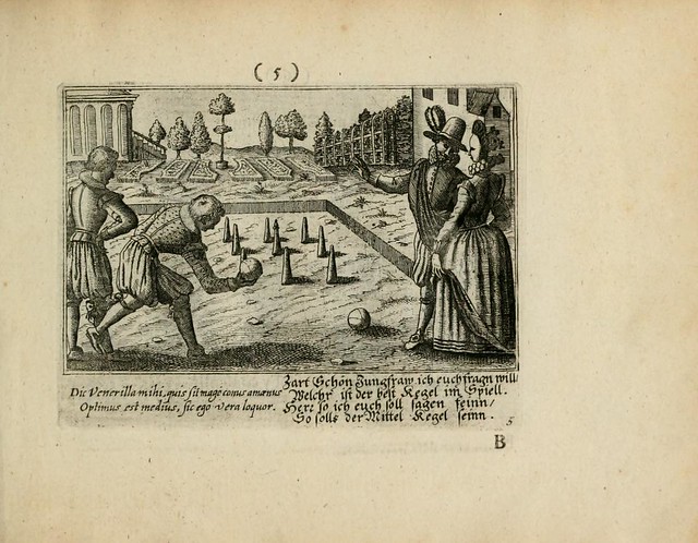 engraved scene of Renaissance-era game of bocce or bowls