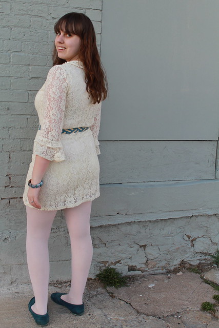 Babyshower outfit: thrifted "blue suede shoes" moccasins, pink ballet tights by Capezio, white lace dress from Modcloth, thrifted denim braided belt with Longhorn buckle, rhinestone feather bangle, silver bangles, two-tone diamond watch by Citizen, DIY me