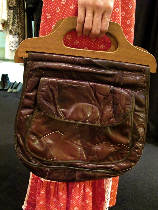 1970s faux leather patchwork bag with wooden handle