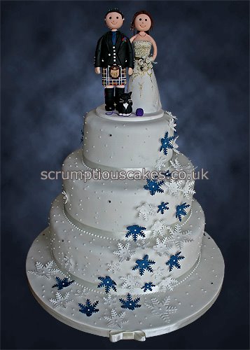Wedding Cake 831 Navy White Snowflakes and Personalised Topper