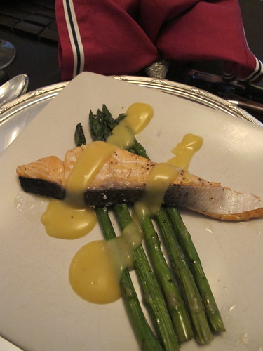 Paul's salmon, asparagus and choc sauce